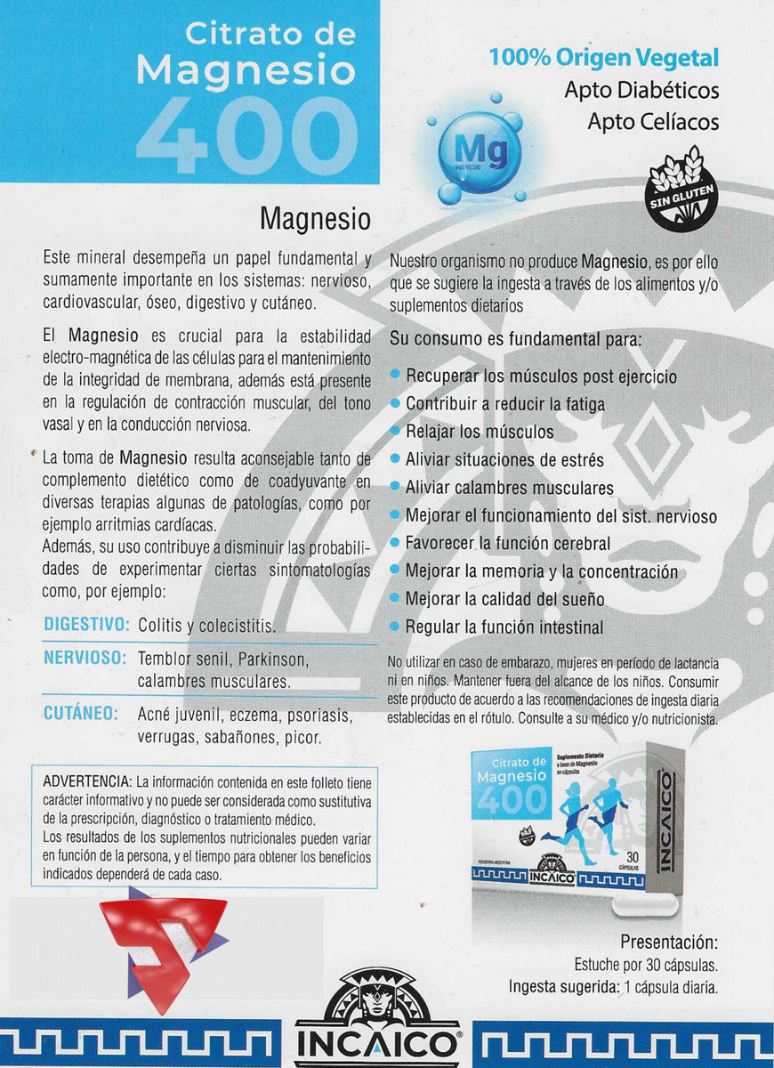 Citrato de Magnesio 400 Incaico x 30 Caps