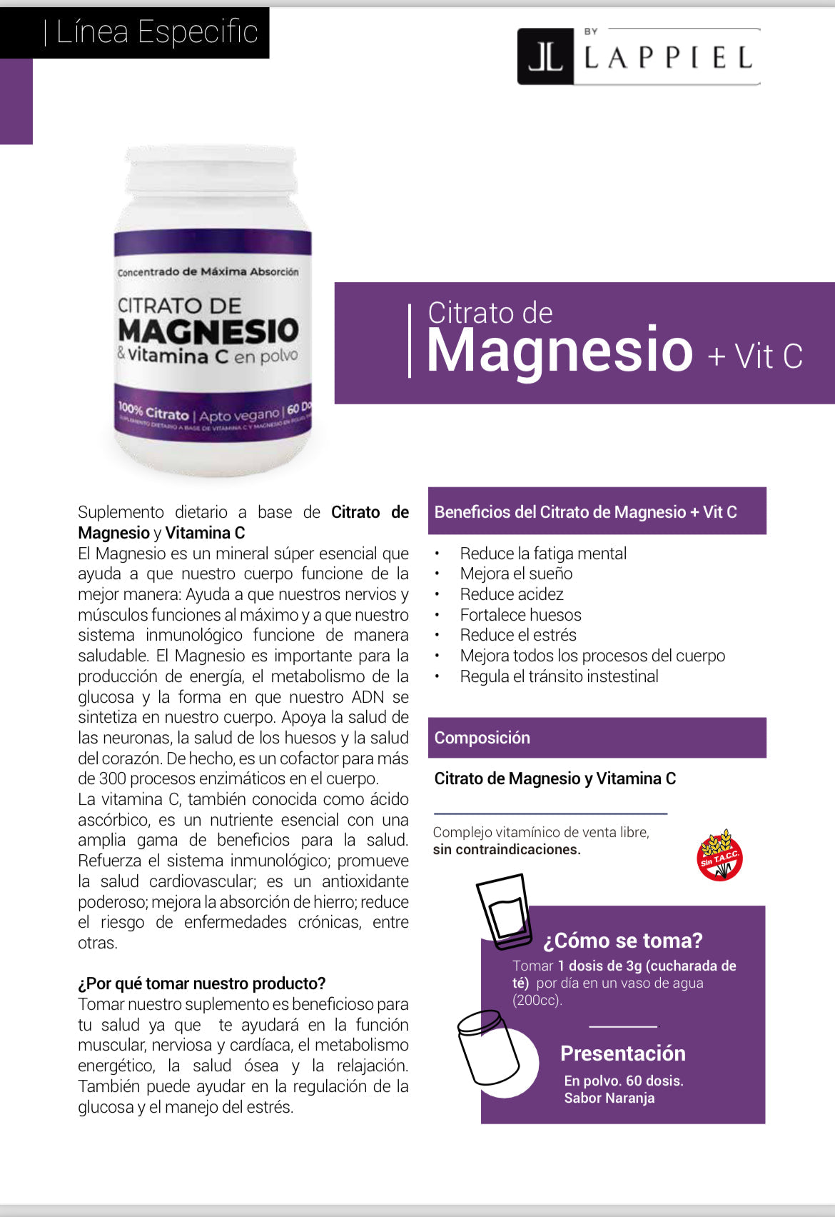 Citrato de Magnesio +Vit C ByLappiel En Polvo 60 Dosis