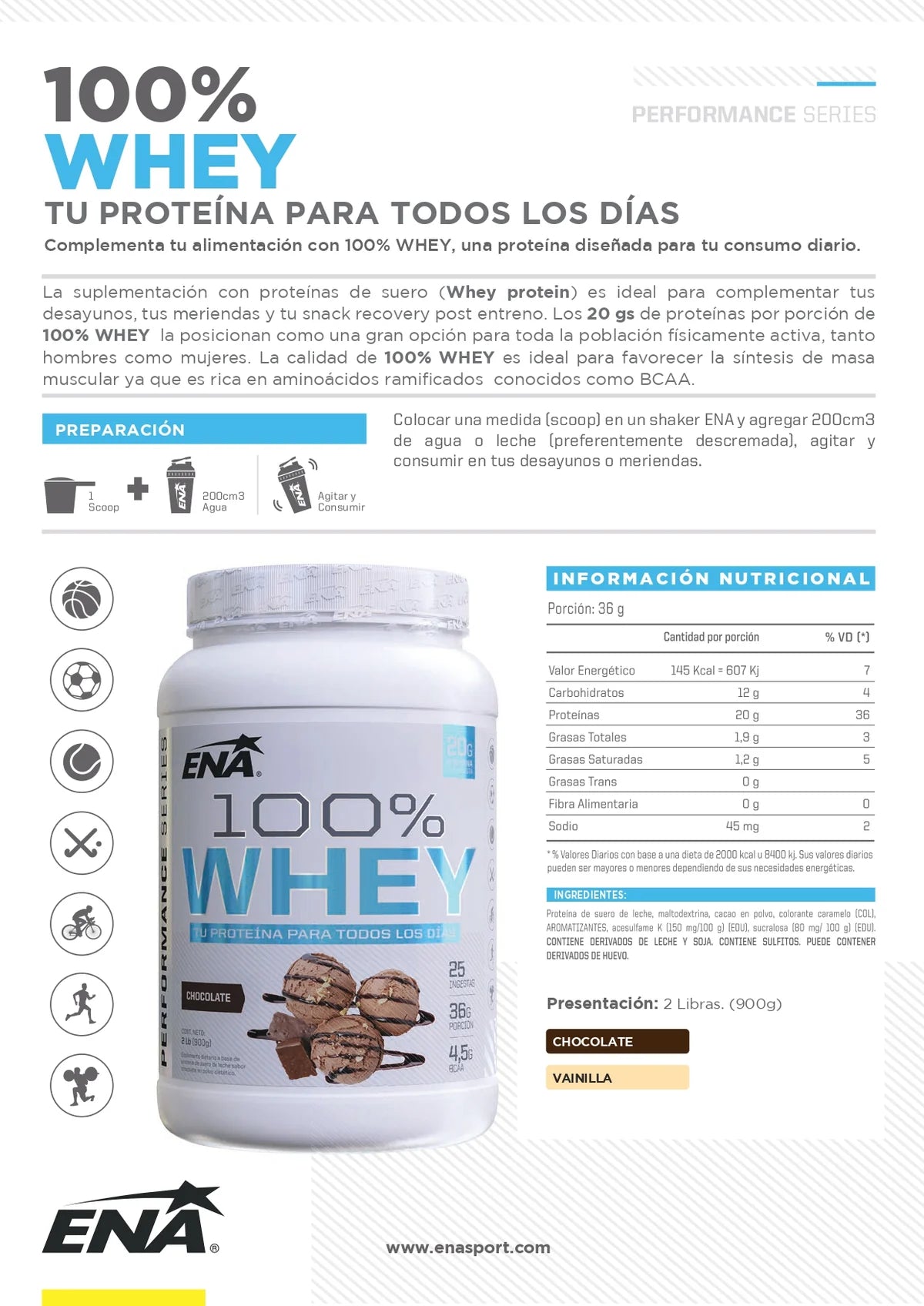 100% Whey Protein Ena Vainilla 2.0 Lb (900 Gr)