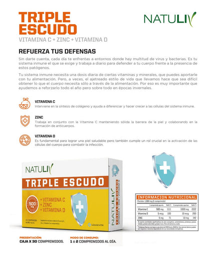 Natuliv Triple Escudo Defensas Vitamina C D Y Zinc X 30 Comp