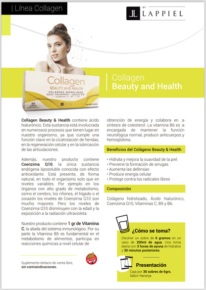 Collagen Beauty & Health By Lappiel Colágeno Hidrolizado Ac Hialurónico Q10 Vit C B5 B6 x30 Sobres