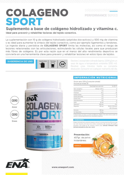 Ena Colágeno Sport Magnesio Cúrcuma Ácido Hialurónico Sabor Naranja Pvo. X 407 G