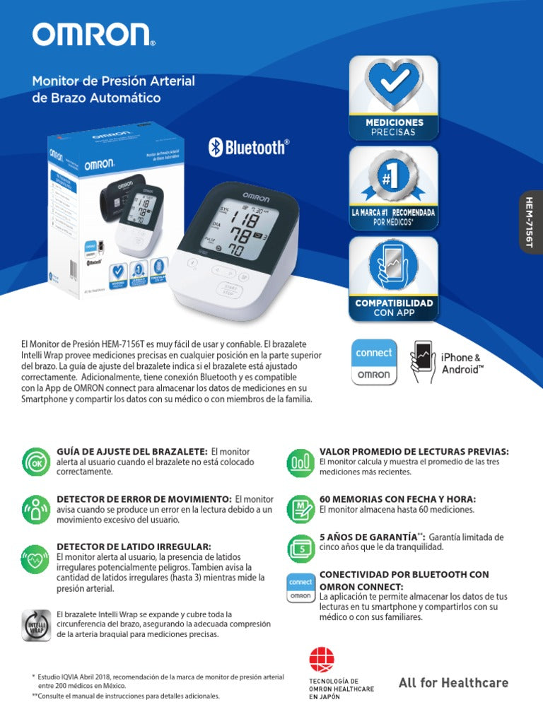 Tensiometro Omron Hem-7156T Bluetooth De Brazo